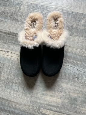 UGG Black Suede Slip-On Mules with Cream Shearling Trim